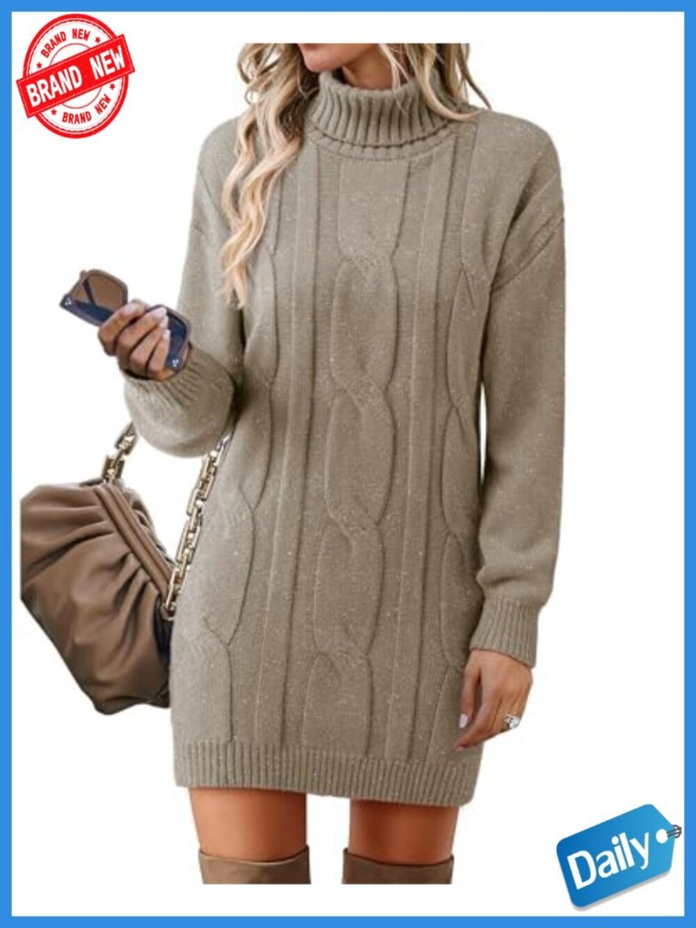 Womens Long Sleeve Turtleneck Sweater Dress Ribbed Knit Stretchy Midi Casual